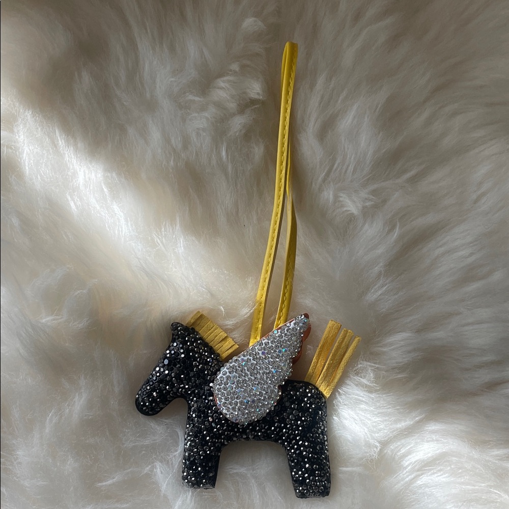 Sparkling Black Winged Horse Ornament with Yellow Strap